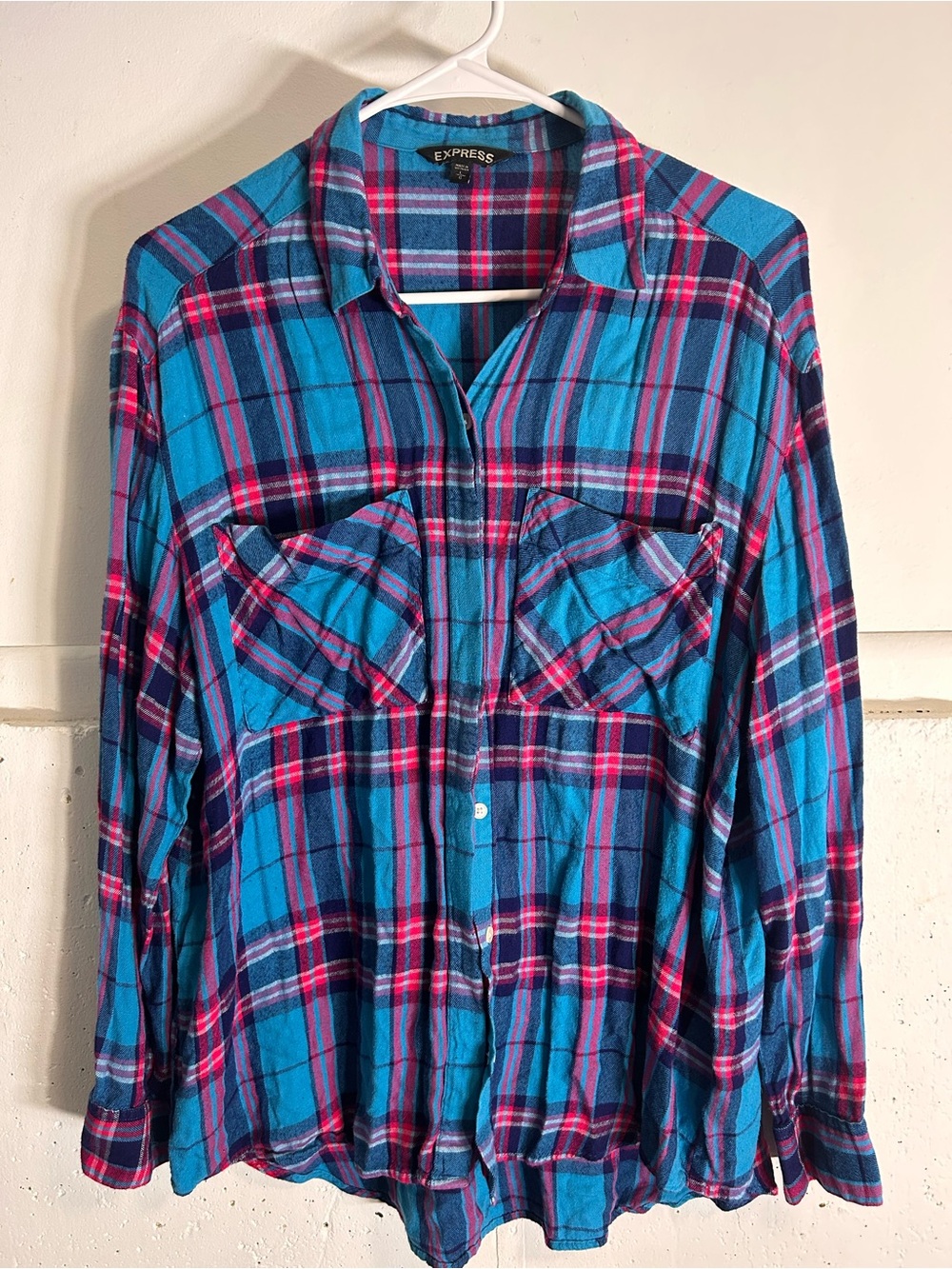 Express Womens Blue Plaid Button-Up Shirt